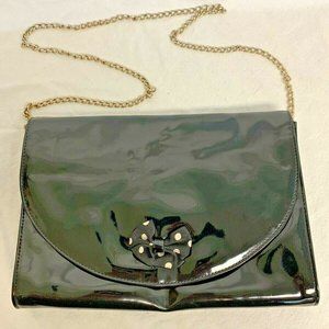 Vintage Susan Reade Black Patent Leather Purse Handbag Polka Dot Bow Chain Strap